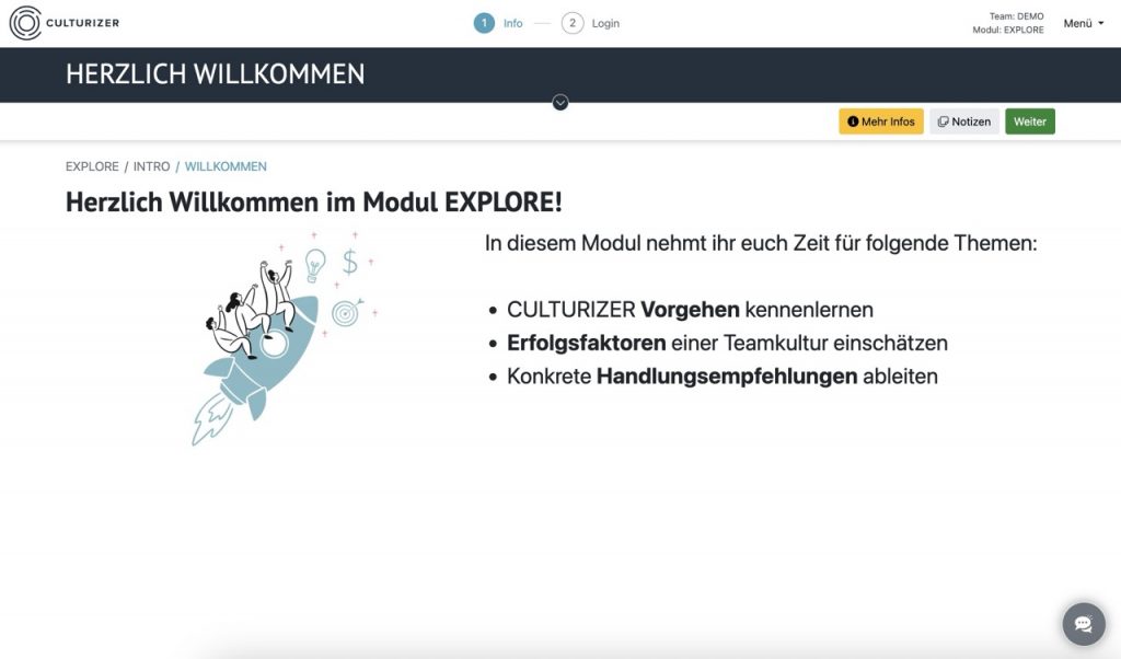 Der Welcome Screen des Moduls EXPLORE