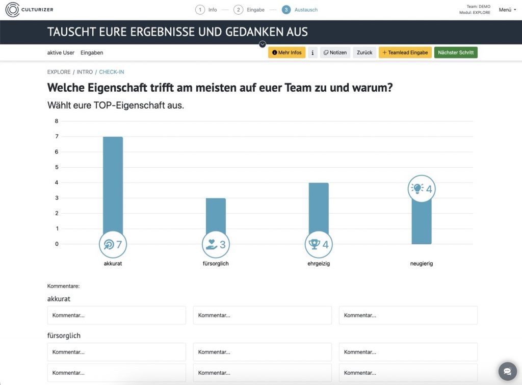 Screenshot des Check Ins mit der Ansicht des Balkendiagramms und den Kommentaren