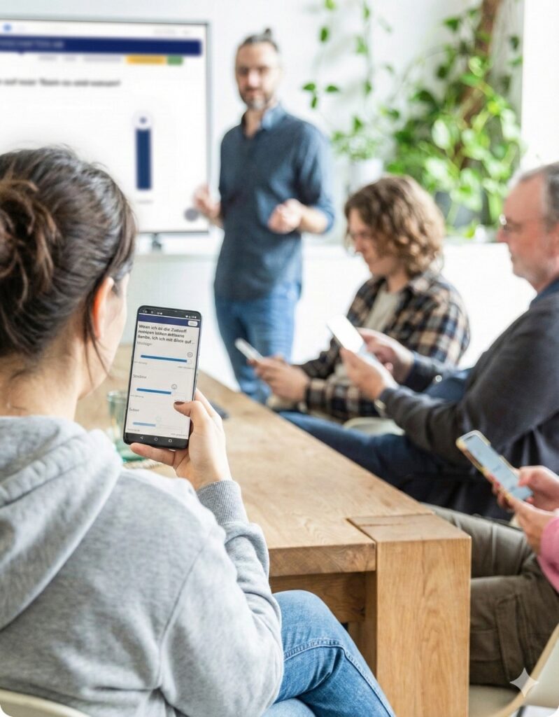 Culturizer App Anwendung im Team-Workshop: Mitarbeitende nutzen die digitale Plattform auf Smartphones zur aktiven Gestaltung der Unternehmenskultur.